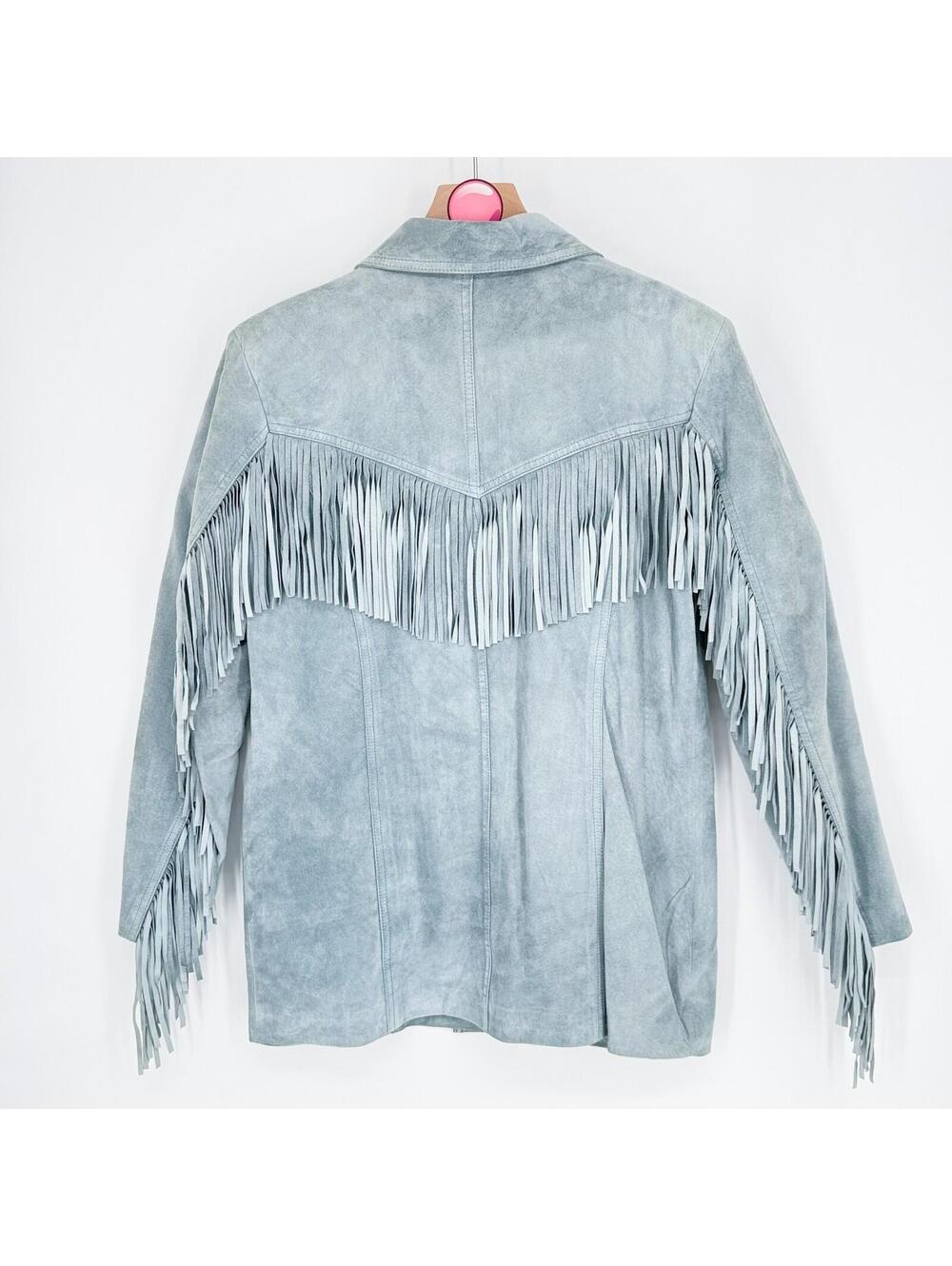 Vintage Together Leather Fringe Jacket Blue Western Boho Festival Womens Medium - Picture 2 of 9
